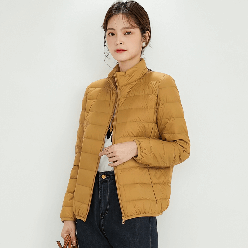 Fashionable Solid Color Women's Down Jacket with Zipper and Stand Collar - SF1494