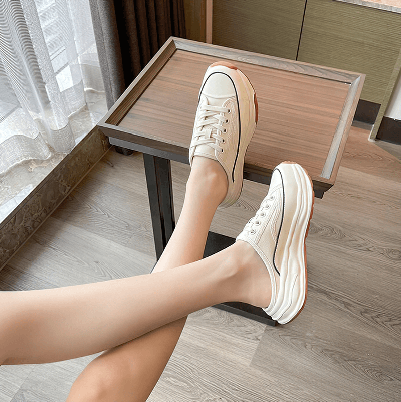Round Toe Lace-up Canvas Mule Shoes / Chunky Sole Casual Shoes - SF1392