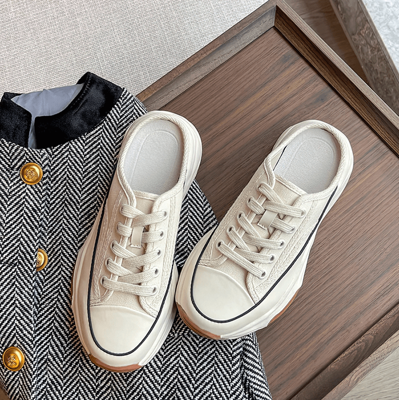 Round Toe Lace-up Canvas Mule Shoes / Chunky Sole Casual Shoes - SF1392