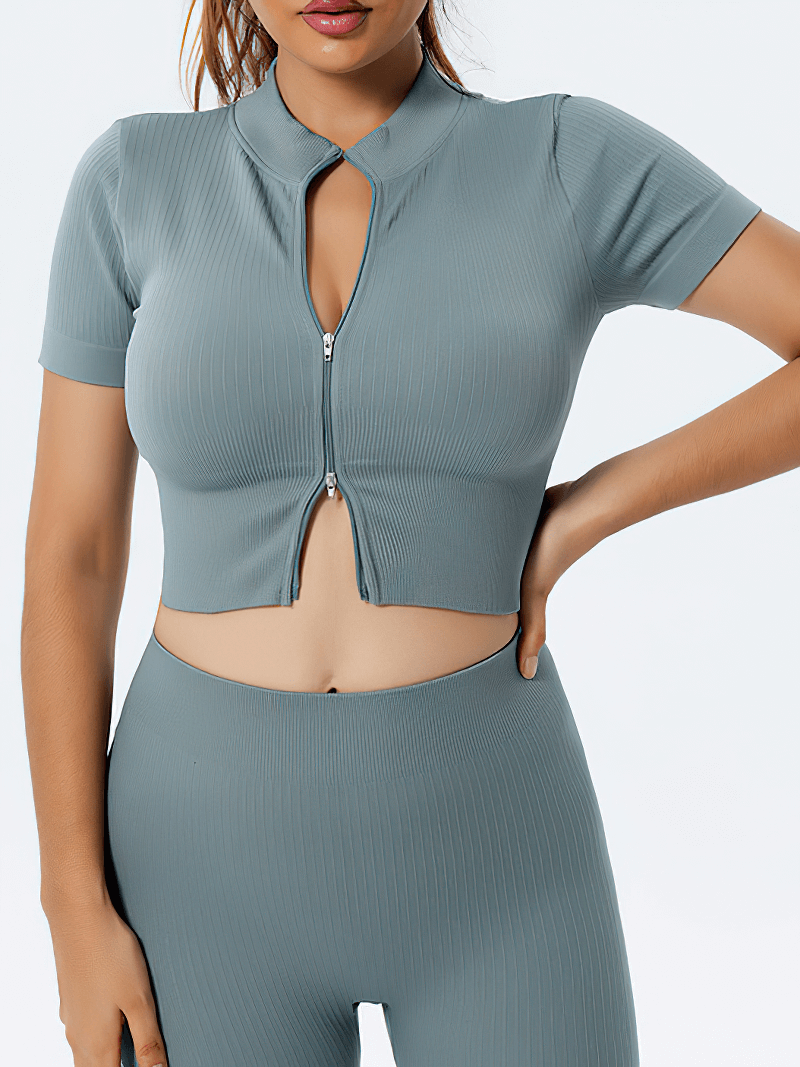 Short Sleeves Zipper Seamless Sports Top / Female Elastic Yoga Clothes - SF1459