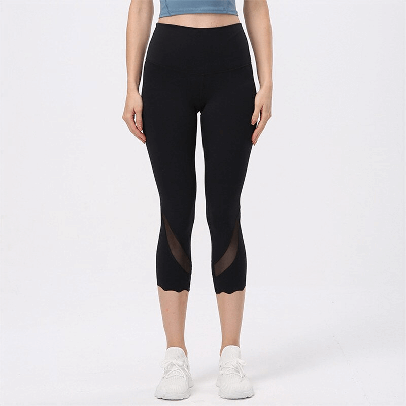 Solid Color Mesh Yoga Cropped Leggings / Fitness High Waist Sports Pants - SF1443