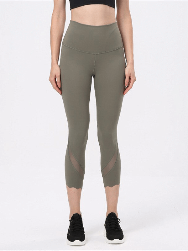 Solid Color Mesh Yoga Cropped Leggings / Fitness High Waist Sports Pants - SF1443