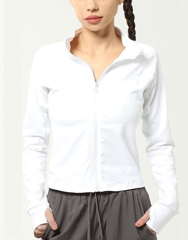 Sporty Solid Color Women's Zipper Jacket with Finger Cutouts - SF1461