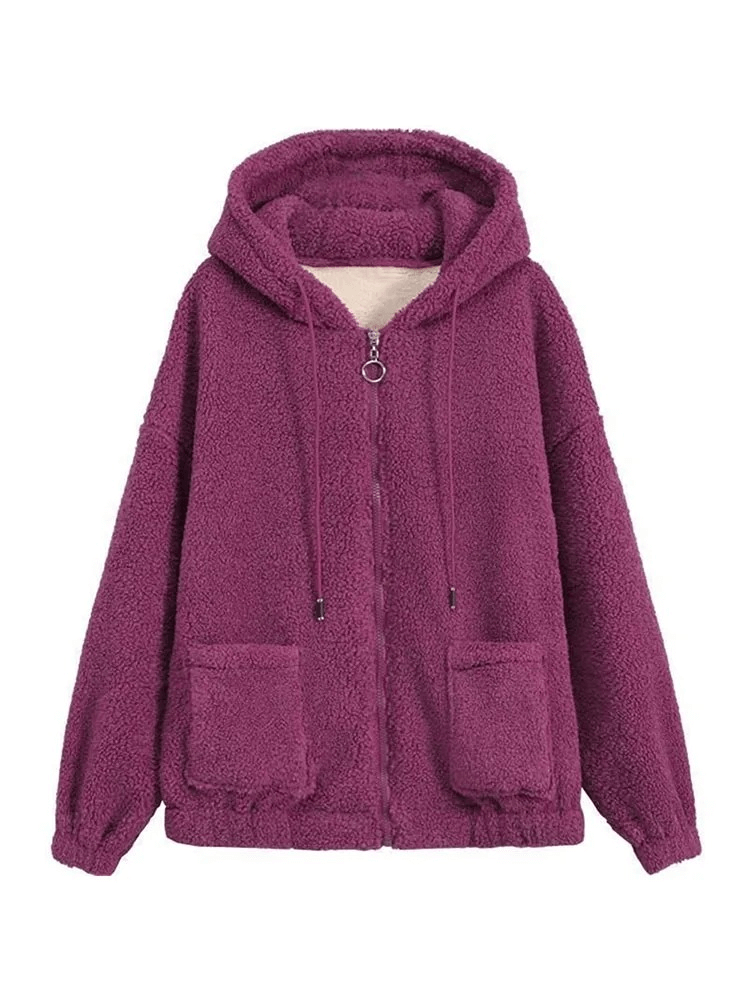 Stylish Loose Women's Fleece Jacket with Hood - SF1955