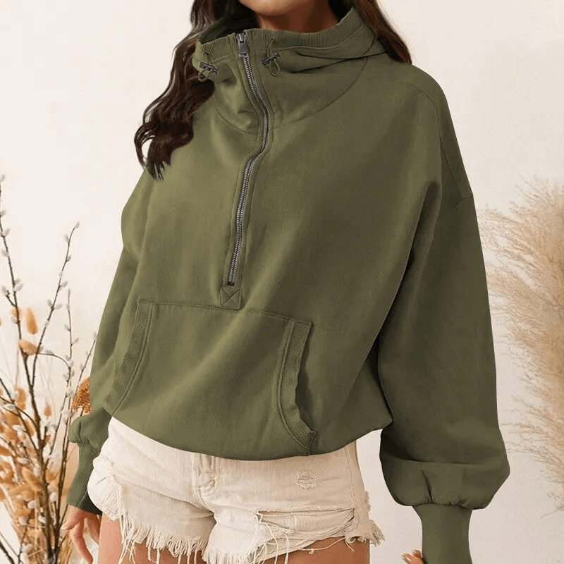 Women's Zip-Up Loose Solid Hoodie with Pockets - SF1586