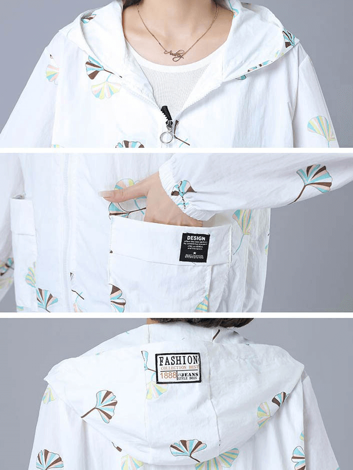 Floral Print Hooded Jacket for Women / Pockets Zipper Windbreaker - SF0878