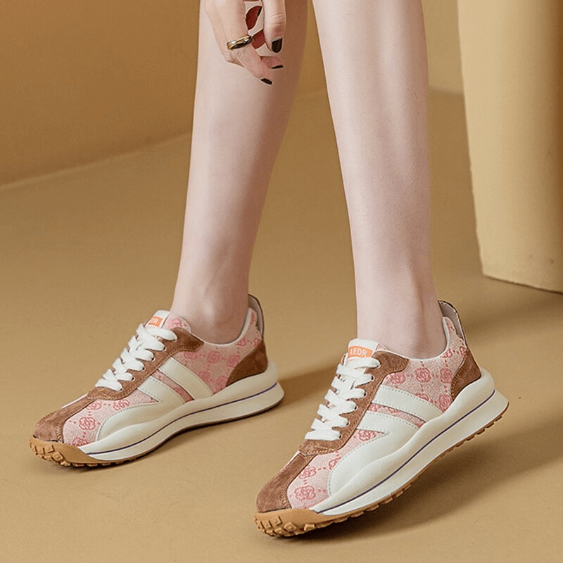 Cozy Genuine Leather Lace-up Ankle Flat Sneakers with Print - SF0978