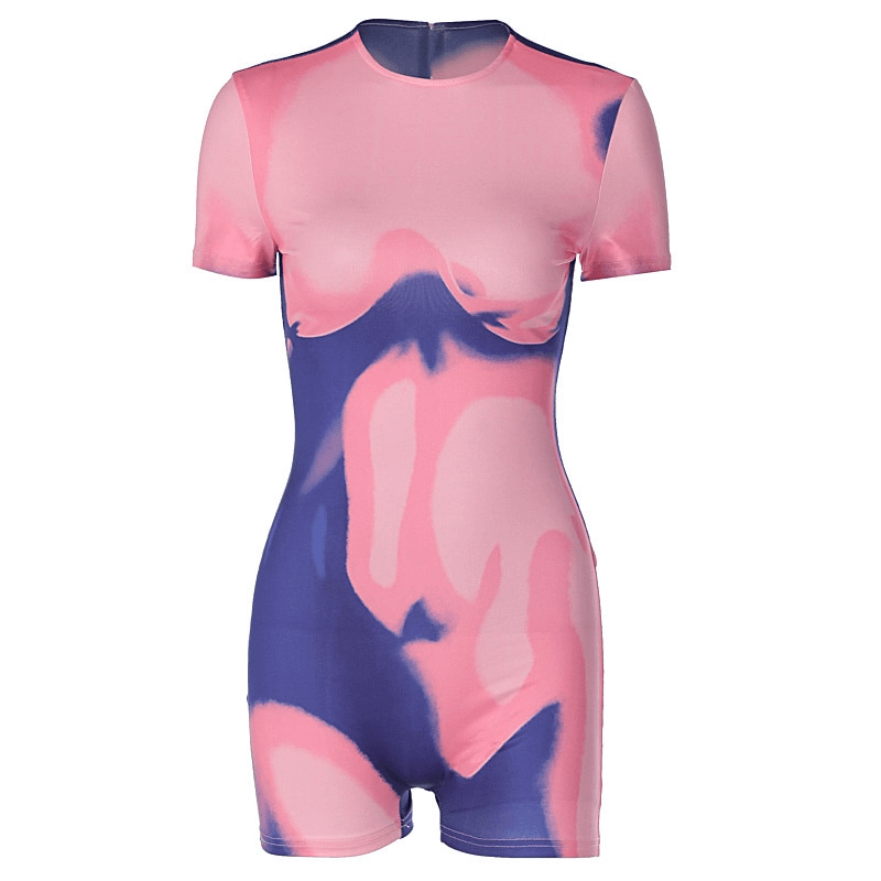 Print O-Neck Short Sleeves Skinny Playsuits / Fitness Sporty Rompers - SF1014