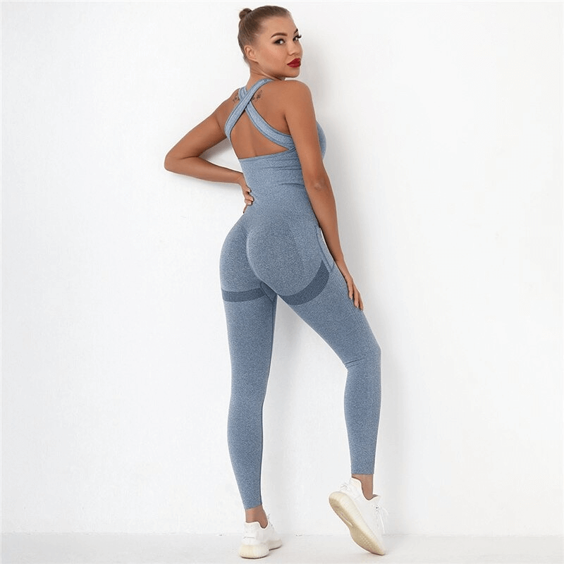 Seamless high waist blue bodysuit with hips push-up design, perfect for women's gym workouts, featuring anti-bacterial quick-dry fabric.