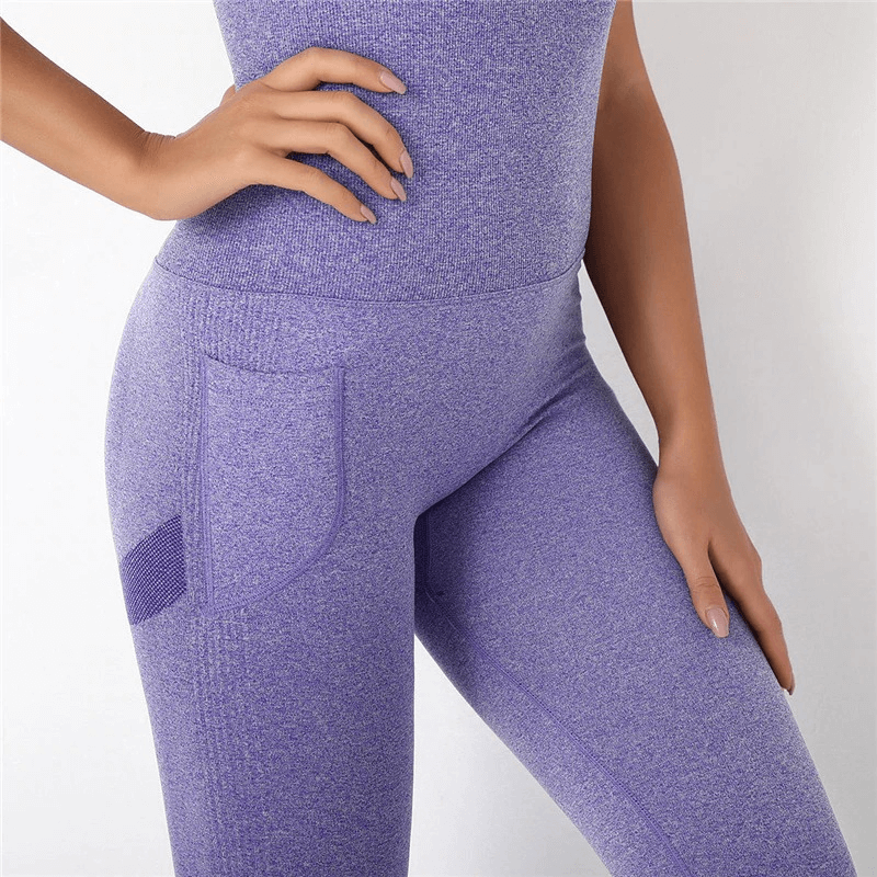 Woman wearing seamless high waist bodysuit with hip push-up design, purple color, perfect for gym workouts and comfort.