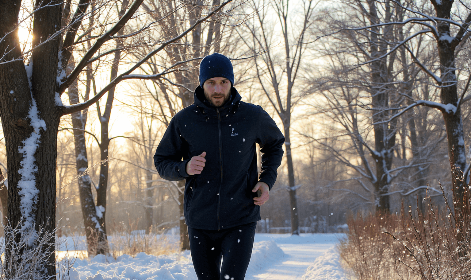 Man running in a snowy park during winter, wearing a dark athletic jacket and beanie, with sunlight streaming through bare trees.