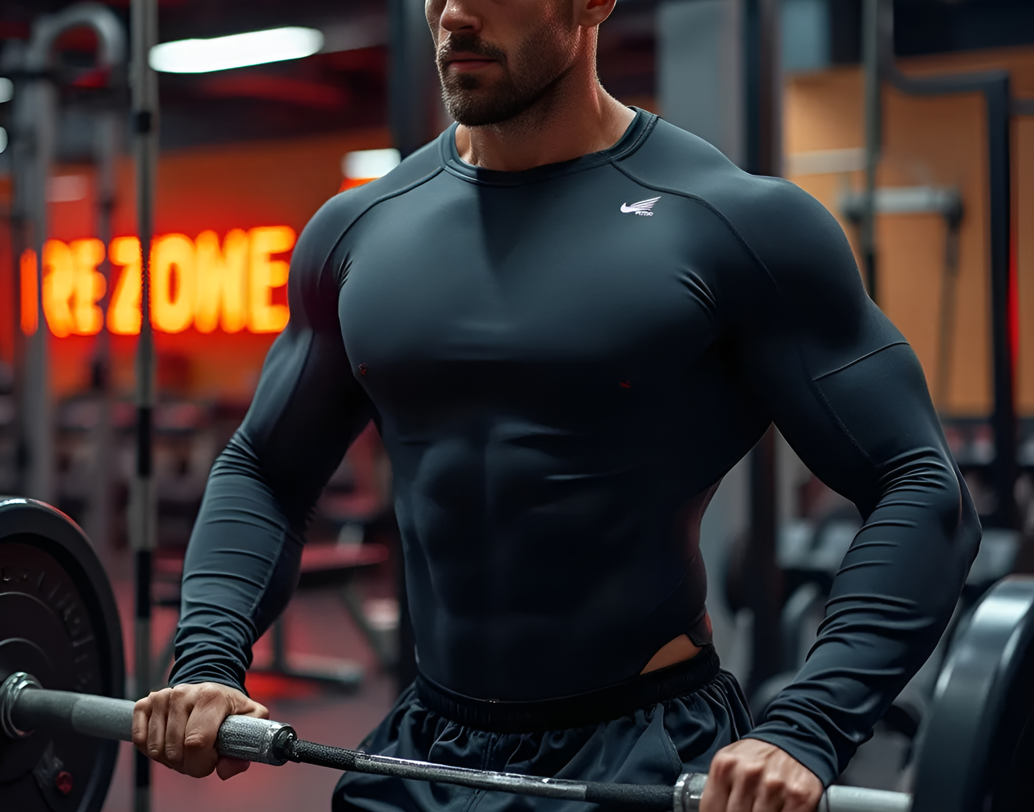 A person is lifting weights in a gym, wearing a form-fitting black long-sleeve athletic shirt. The shirt accentuates their muscular build as they focus on their workout. 