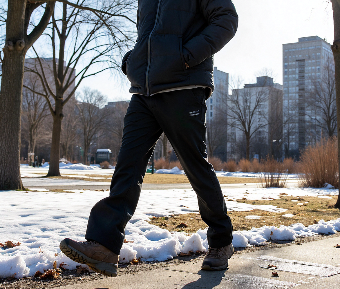 The image shows a person walking outdoors in the winter, wearing dark athletic pants and hiking boots, paired with a black puffer jacket.