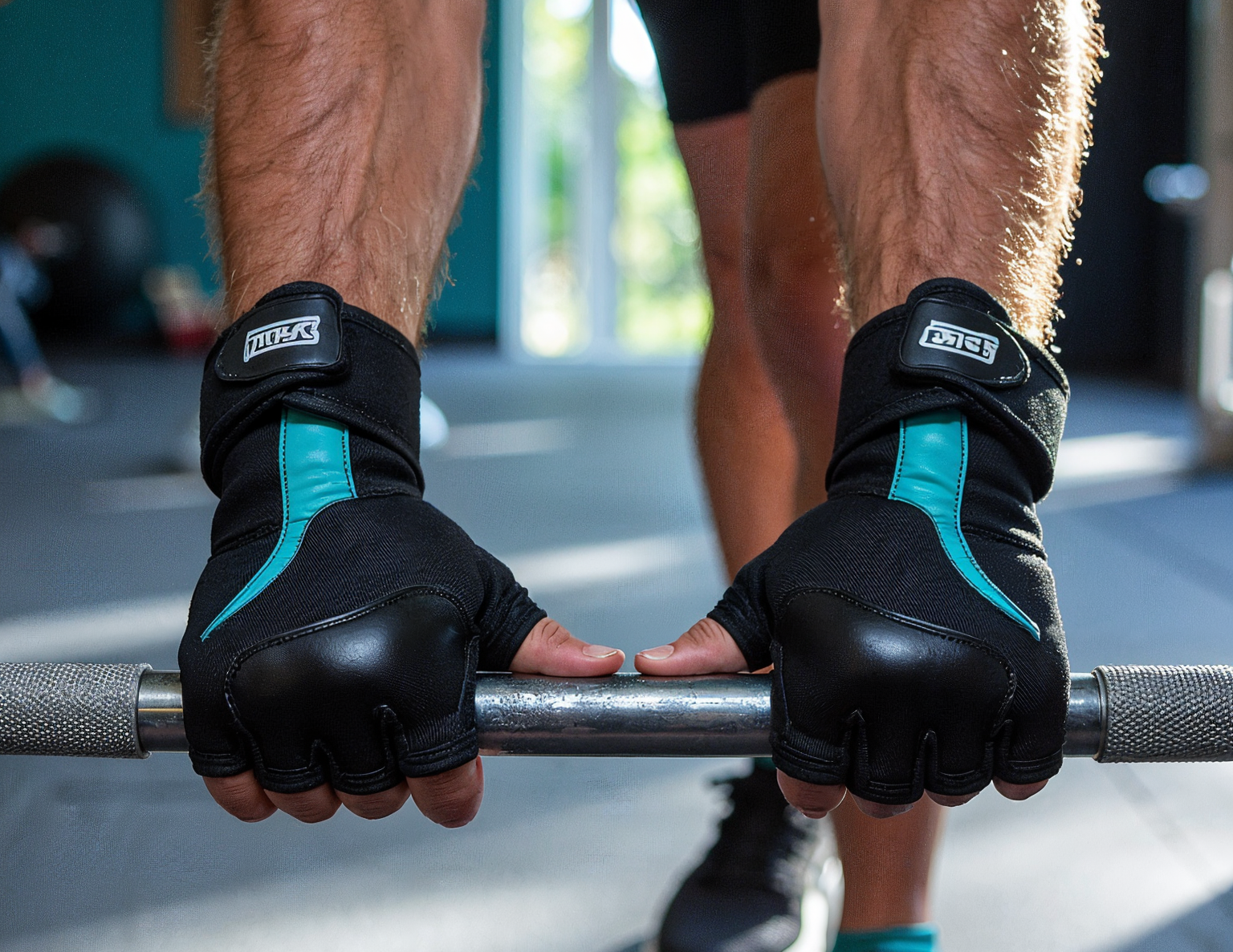 A close-up of a person gripping a barbell with sports gloves that feature black fabric with teal accents and adjustable wrist straps, set in a gym environment.