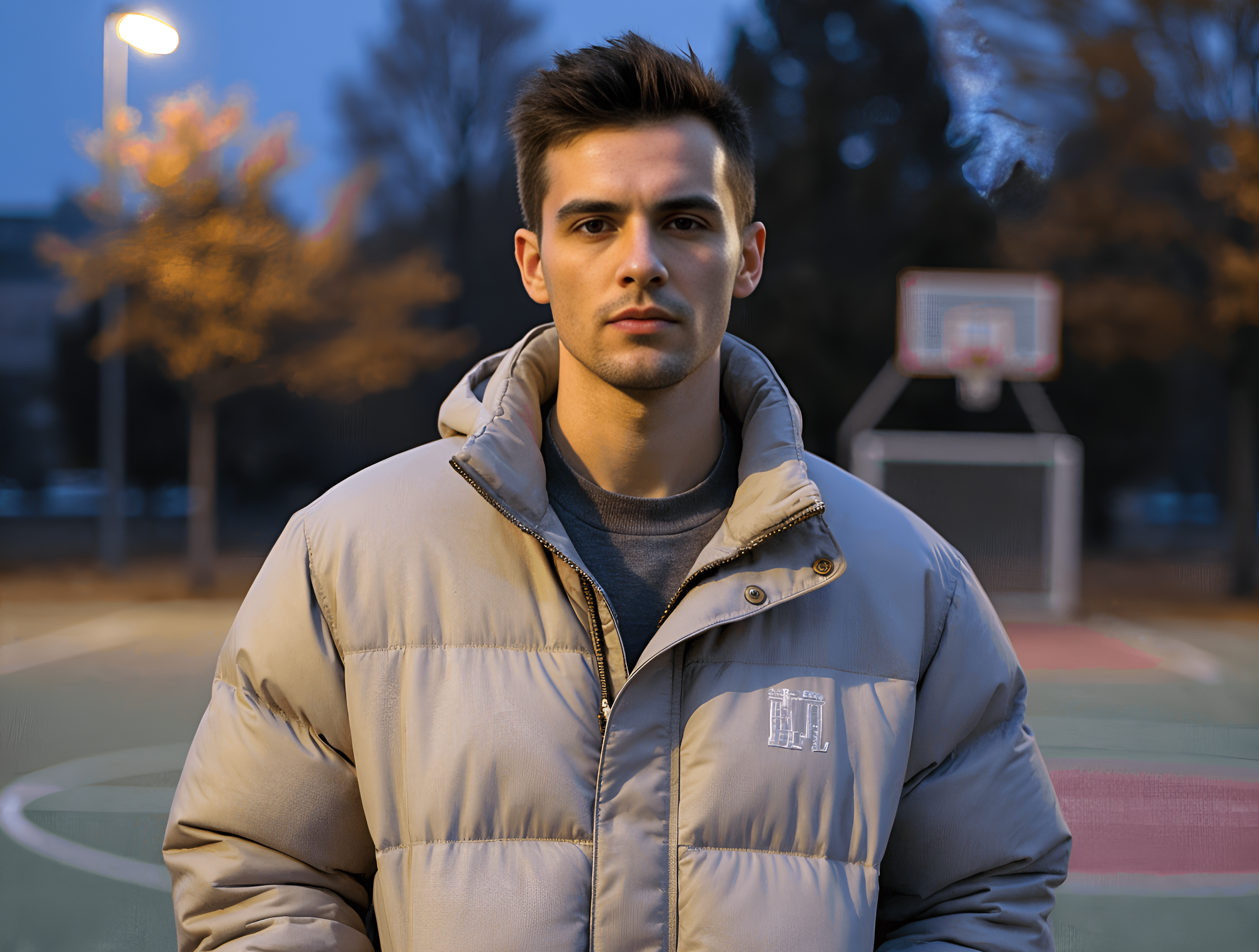 A young man stands in front of a basketball court, wearing a beige puffer jacket with a logo on the chest, looking confidently at the camera during dusk.