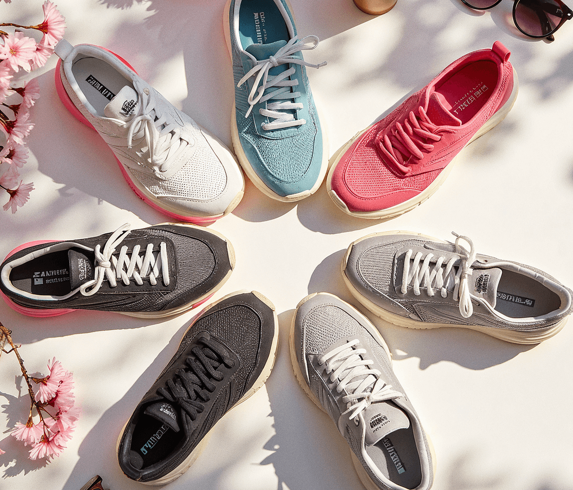 Circle of trendy sneakers in various spring colors surrounded by cherry blossoms, sunglasses, and a coffee drink on a bright background.