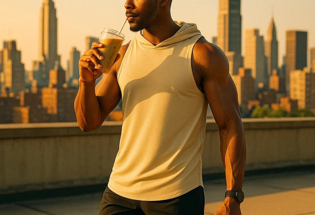 Man in a sleeveless beige hooded tank top drinking iced coffee on a rooftop with a city skyline in the background.