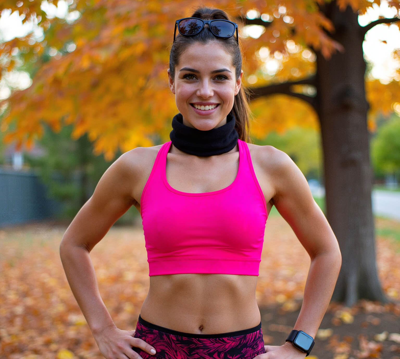 Smiling woman wearing a vibrant pink sports bra and patterned leggings, accessorized with sunglasses, a neck warmer, and a smartwatch, standing outdoors in a park with colorful autumn foliage.