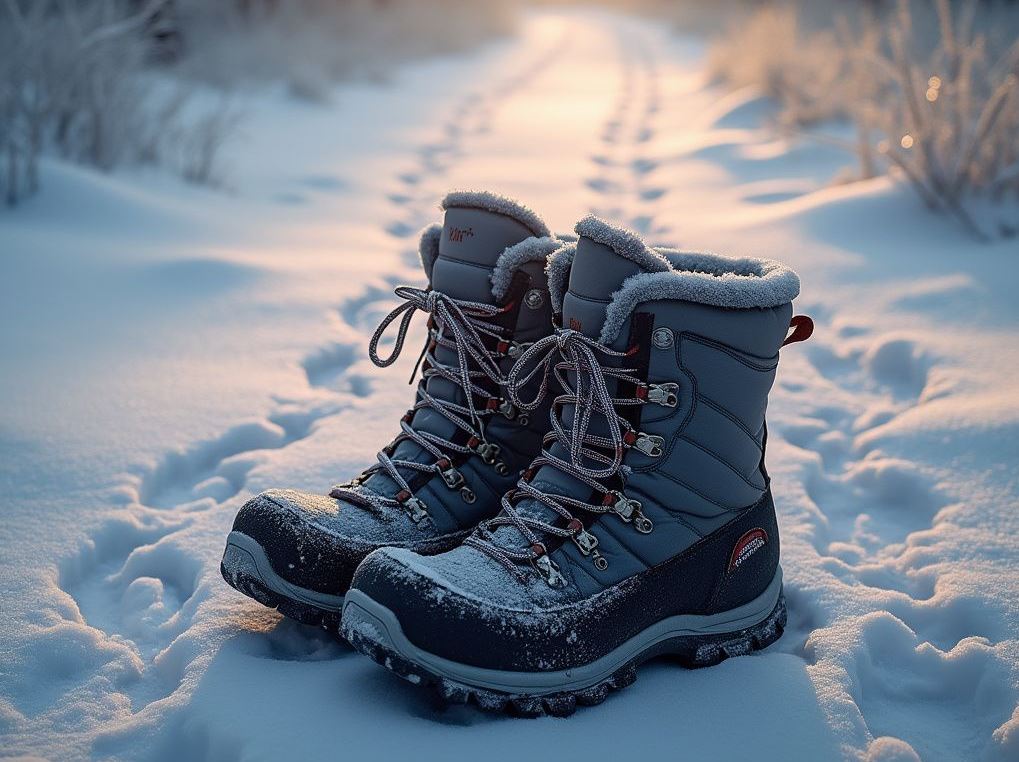 The image showcases a pair of sturdy winter hiking boots resting in a snowy landscape during sunrise or sunset.