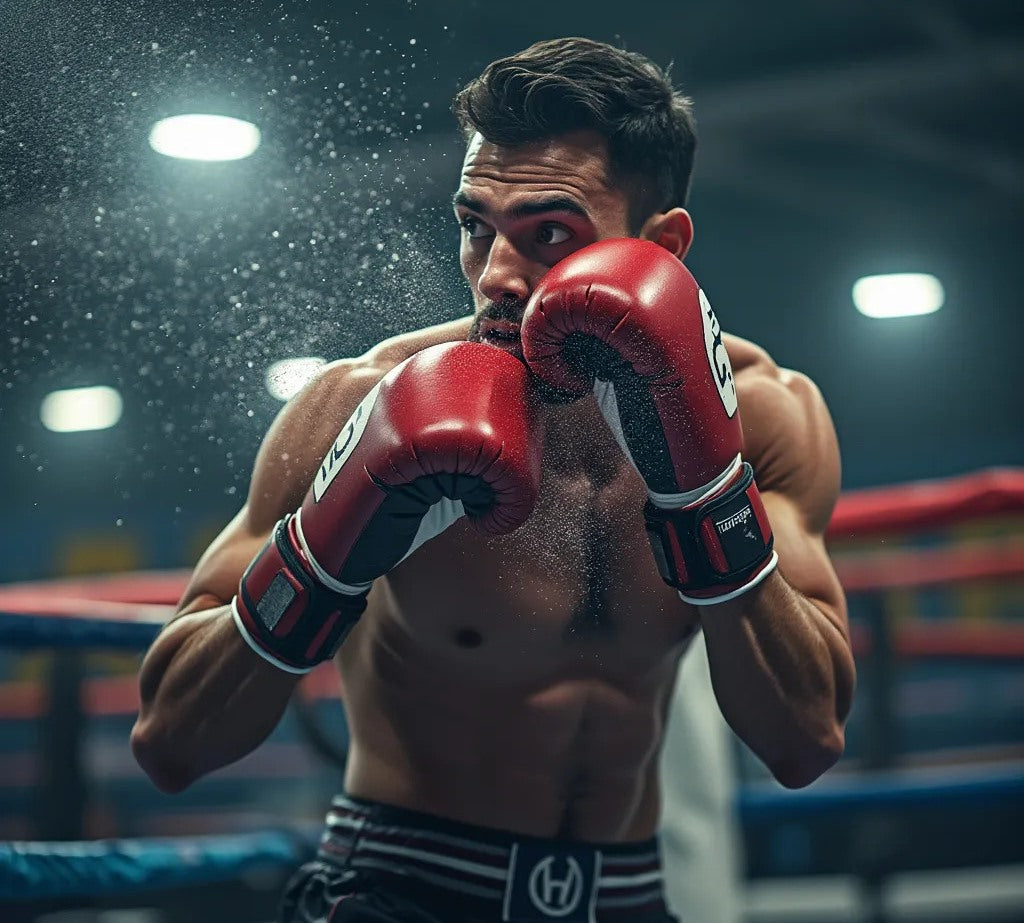 A boxer in a red boxing ring, wearing red gloves and black shorts, is mid-action, throwing a punch while his muscles flex, with a dramatic motion blur and dust particles visible around his gloves.