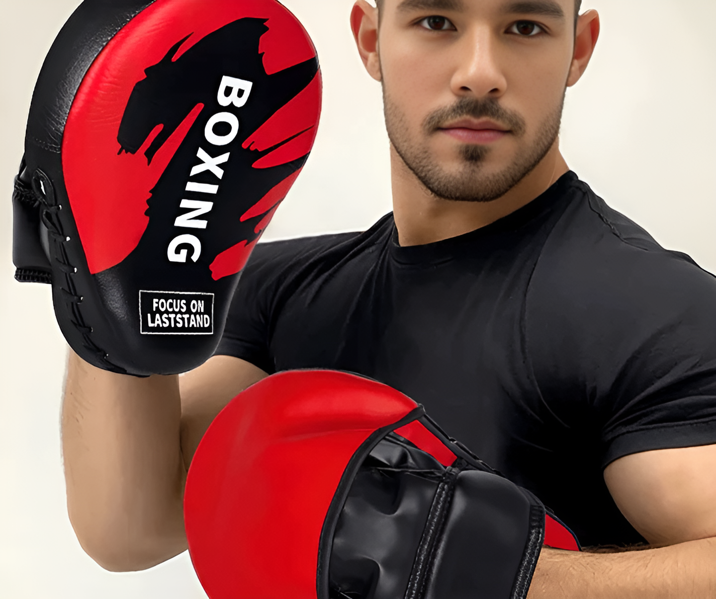 A person wearing a black t-shirt holds a pair of red and black boxing mitts with the word 