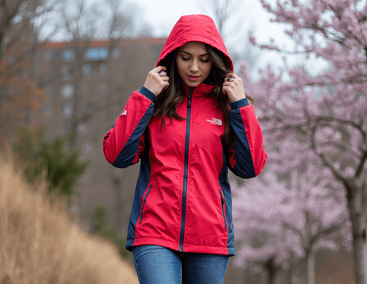 A woman is wearing a red and navy jacket with a hood, looking down while adjusting the jacket.