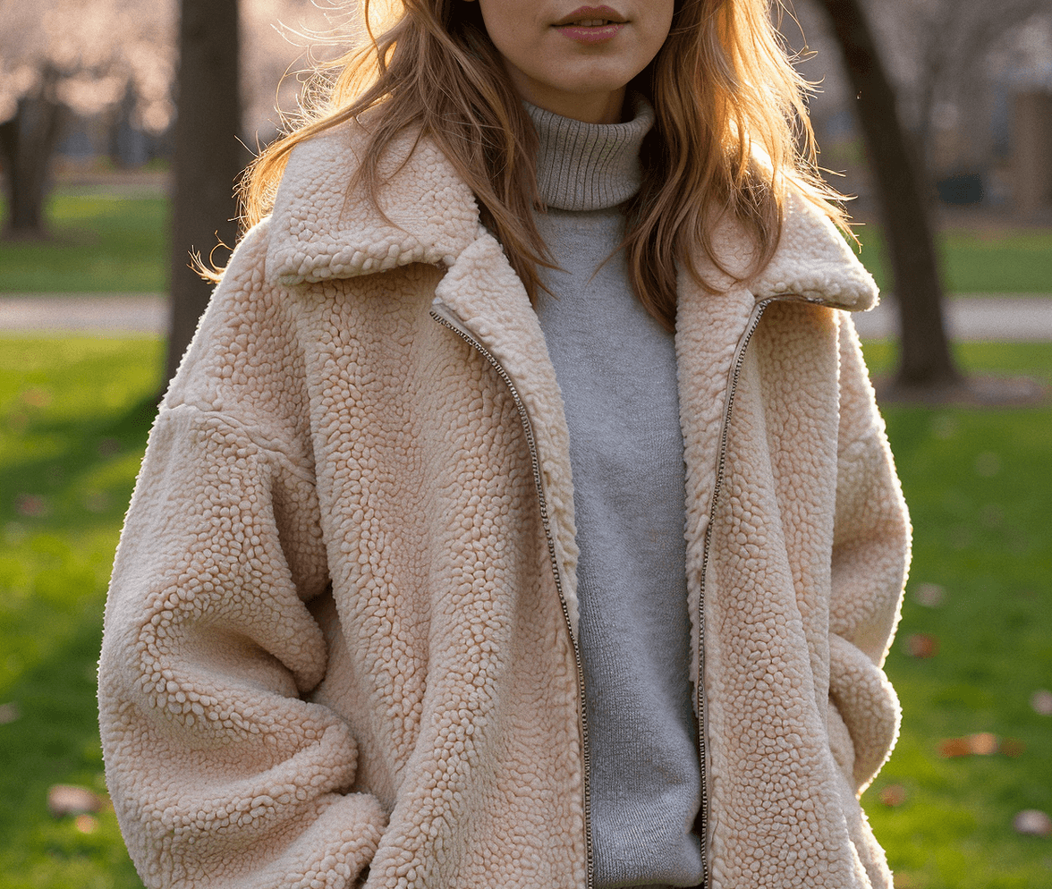 Woman wearing a beige, oversized fleece jacket with a large collar and zipper, paired with a light grey sweater, standing outdoors with greenery in the background.