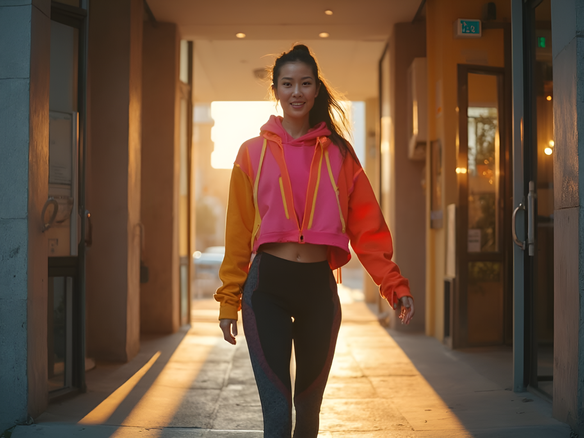 Woman wearing a vibrant pink and orange cropped hoodie and black athletic leggings, walking confidently down a sunlit urban walkway.