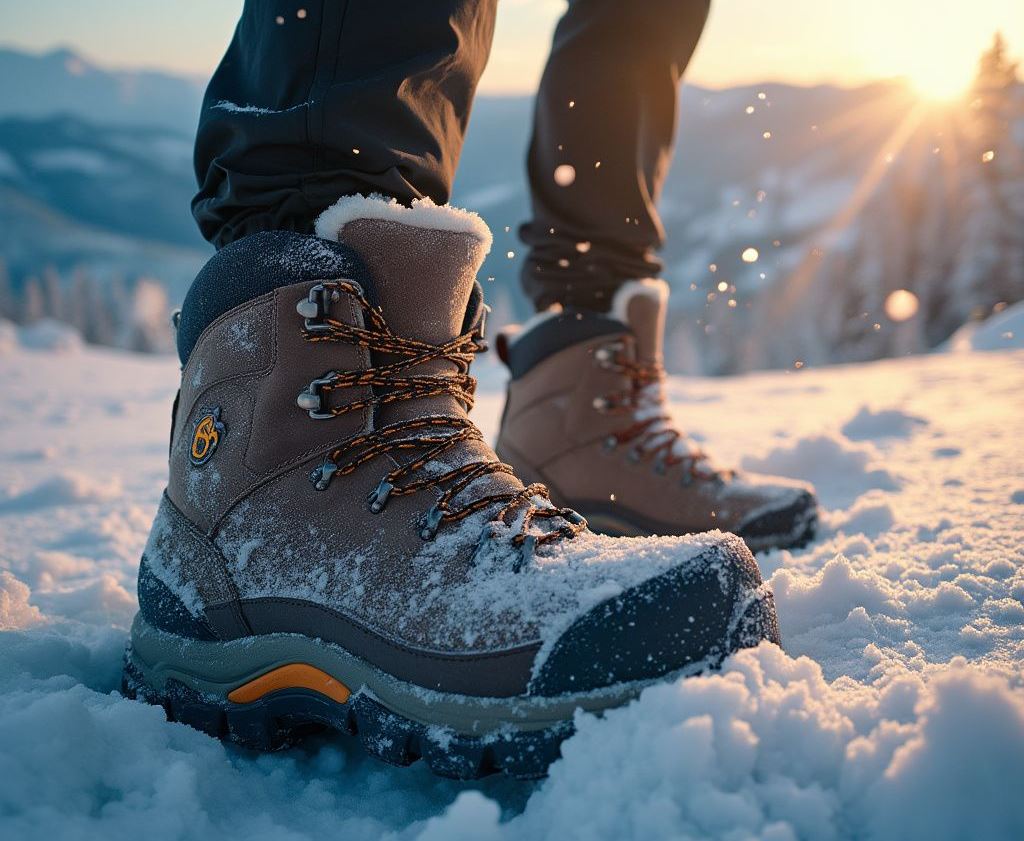 A close-up shot of a pair of winter hiking boots covered in snow, with snowflakes gently falling around them. 