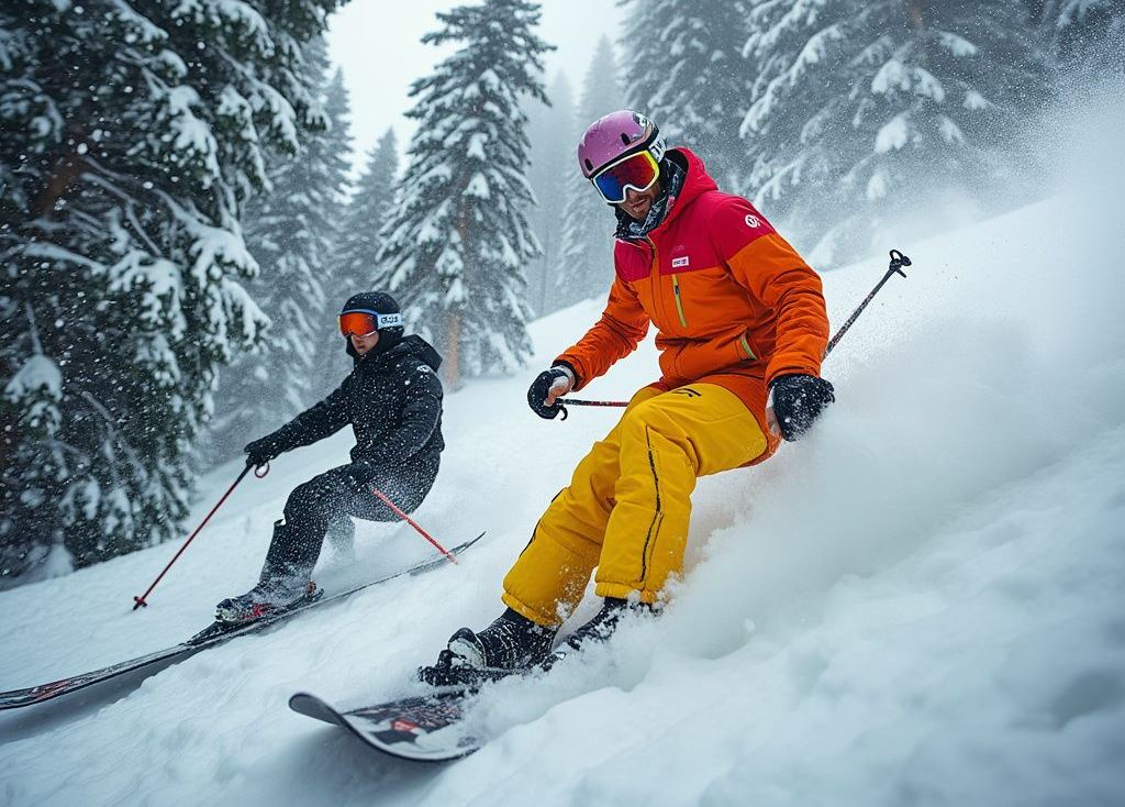 Two skiers gliding down a snowy slope surrounded by snow-covered trees. One is wearing an orange and yellow outfit with a purple helmet, and the other is dressed in black with a black helmet, creating a dynamic and energetic winter scene.