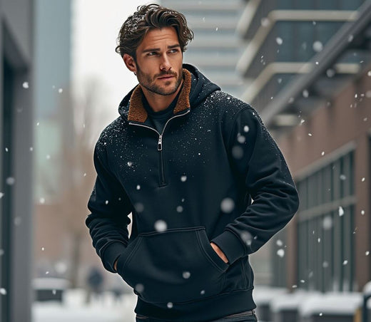 A man stands outdoors on a snowy day, wearing a stylish black quarter-zip sweatshirt with a warm brown sherpa lining on the collar.