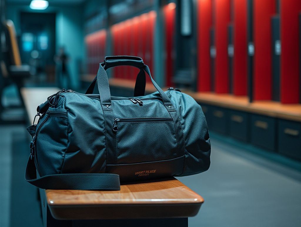 A black gym bag placed on a wooden bench in a locker room with red lockers in the background.