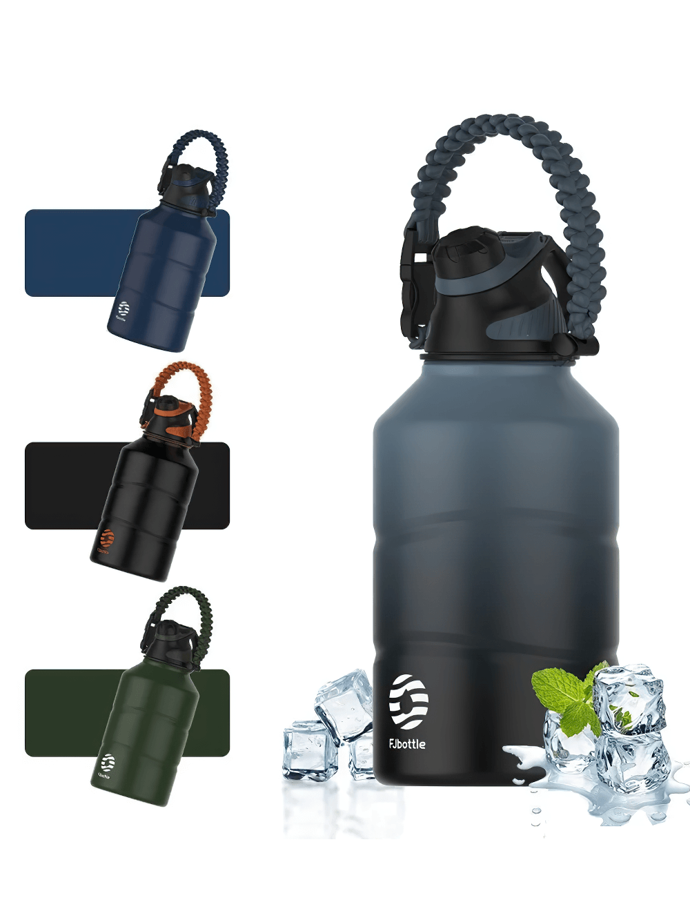 Stylish 1.9L stainless steel thermos bottle with a durable handle, available in three colors, surrounded by ice cubes and fresh mint.