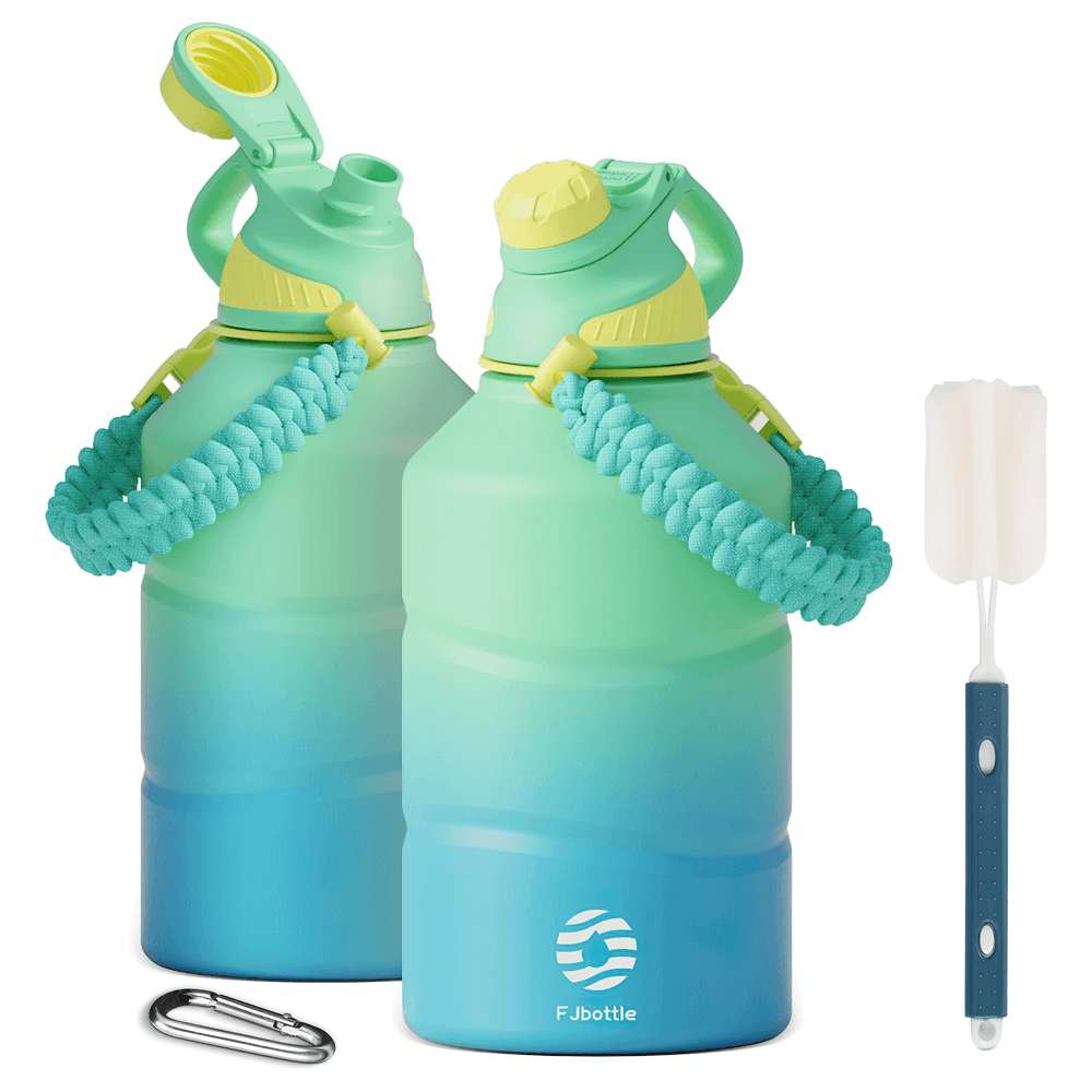 Gradient blue and green water bottles with paracord handles, flip lids, and a cleaning brush included, perfect for hydration on-the-go.