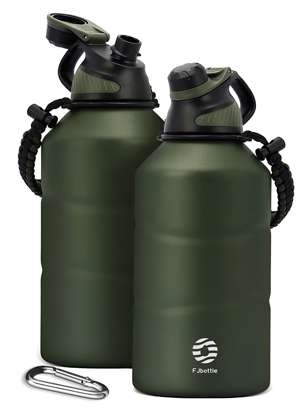 Two green 1.9L stainless steel thermos bottles with durable handles and secure lids, perfect for outdoor adventures.