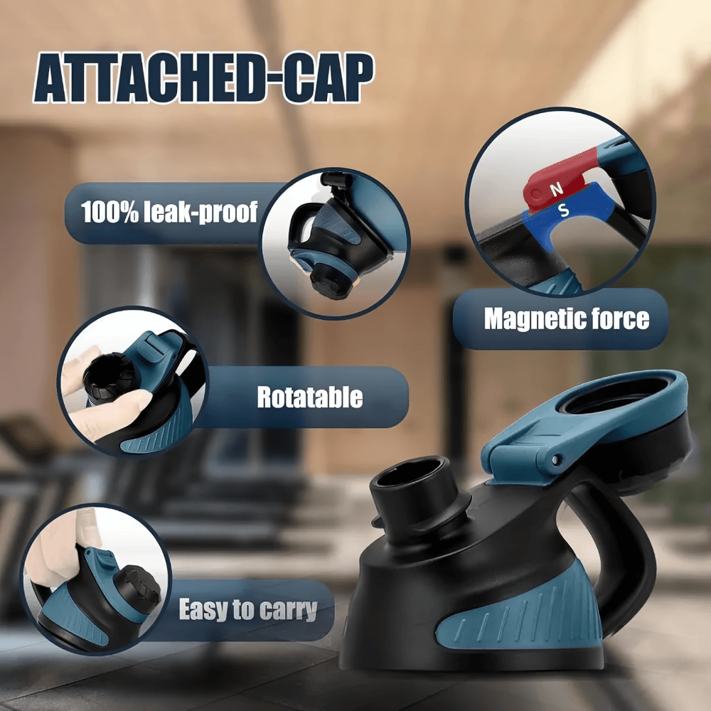 Attached-cap thermos bottle features include leak-proof, magnetic force, rotate function, and easy-carry handle, ideal for travel.