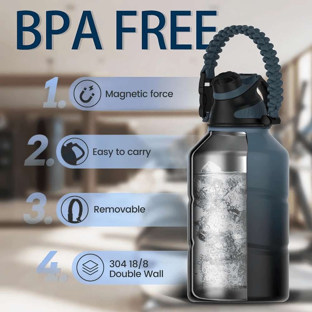 Stainless steel thermos bottle with BPA-free label, magnetic force lid, easy-grip handle, removable parts, and double-wall insulation.