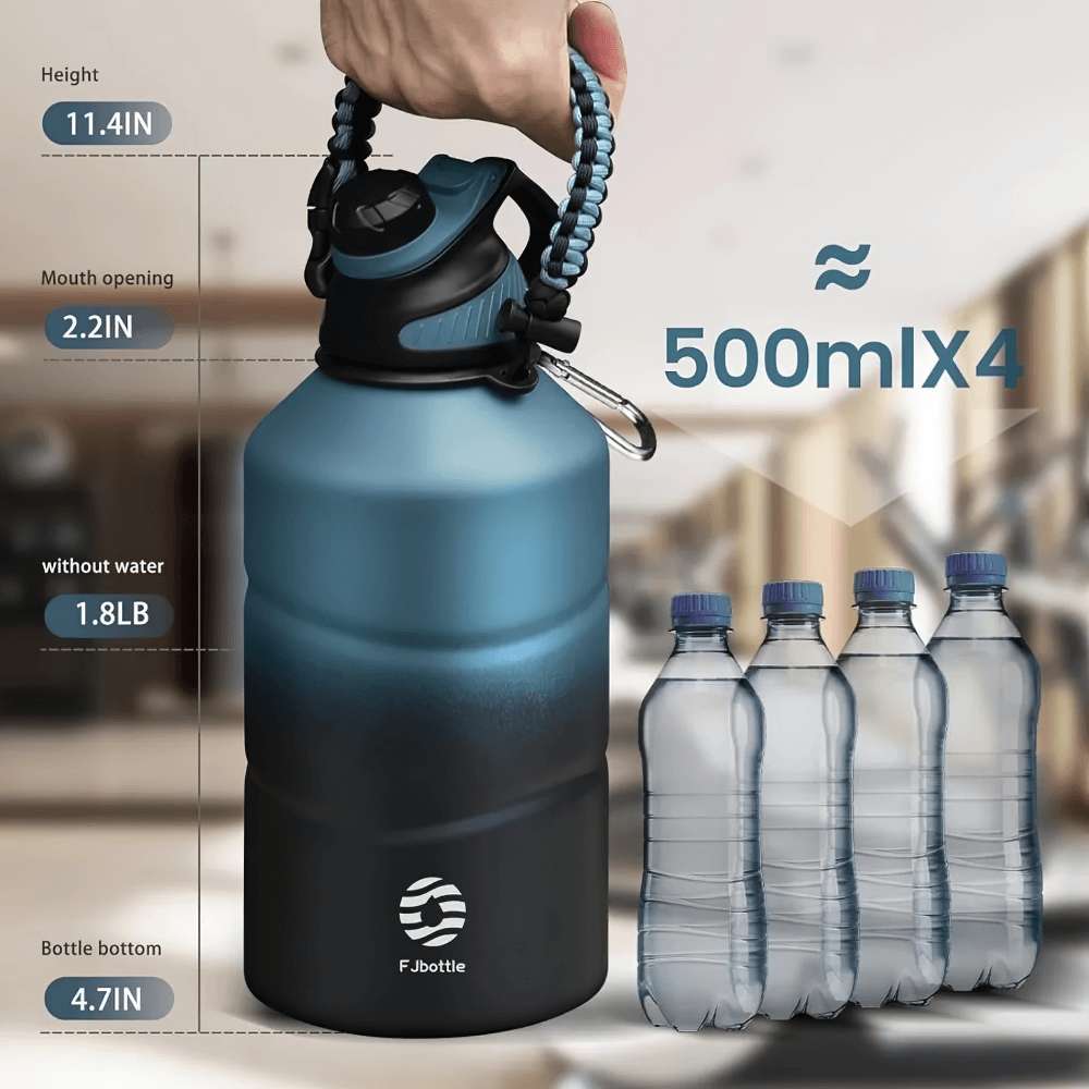 Blue 1.9L stainless steel thermos bottle with durable handle, showcasing capacity comparison, ideal for long outdoor activities.
