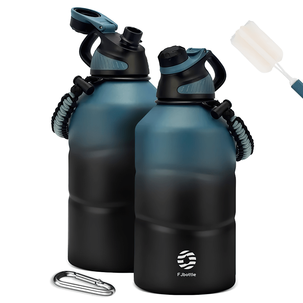 Stainless steel 1.9L thermos bottles with durable handles, secure lids, and included accessories, perfect for outdoor adventures.