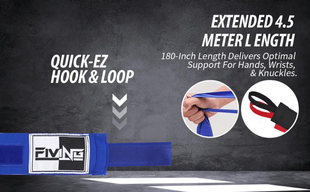Blue boxing hand wraps with thumb loop and hook & loop closure for wrist support, 4.5 meters long, ideal for MMA and kickboxing.