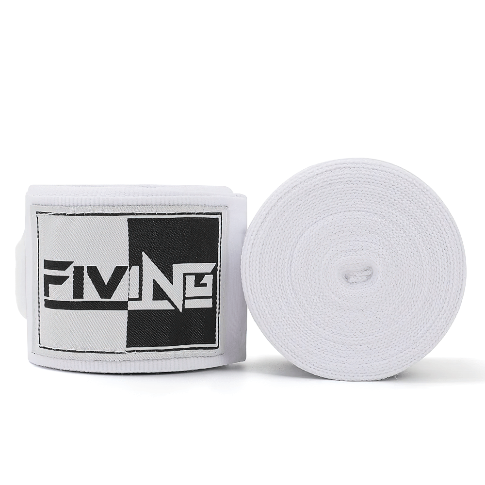 White boxing hand wraps with thumb loop and hook closure for wrist and knuckle support, ideal for boxing and MMA training.