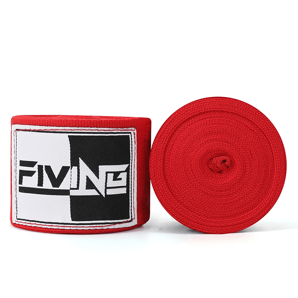 Red boxing hand wraps with thumb loop for wrist and knuckle support, ideal for boxing and MMA training. Breathable and secure fit.