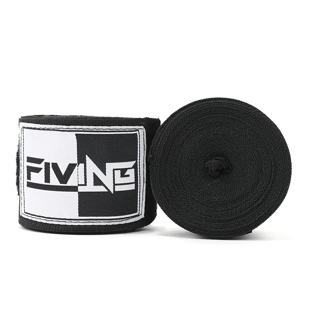 Black boxing hand wraps with thumb loop and hook closure, providing breathable wrist and knuckle support for boxing and MMA training.