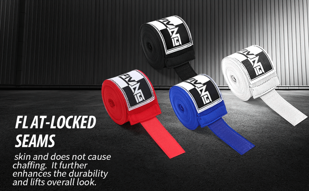 Four colored boxing hand wraps with thumb loop and flat-locked seams on a black background, featuring durability and no chafing benefits.