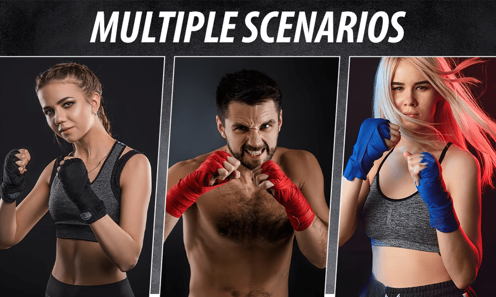 Three athletes demonstrating boxing hand wraps in black, red, and blue, suited for various combat sports like boxing and MMA.