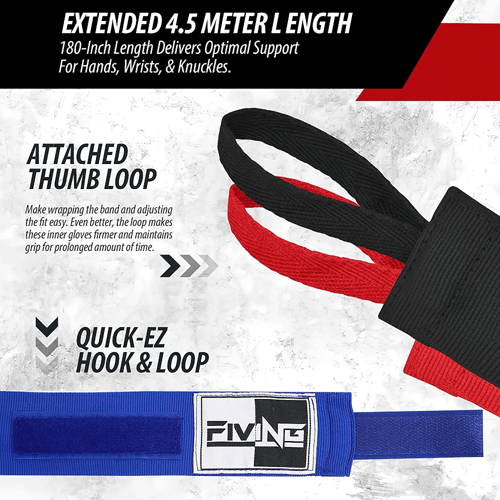Boxing hand wraps with thumb loop and hook closure in red and blue, offering wrist and knuckle support for optimal training performance.