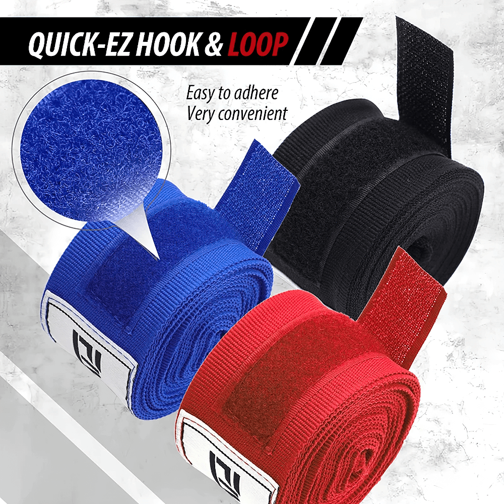 Boxing hand wraps with thumb loop in blue, black, and red featuring a hook and loop closure for secure fit and breathability.