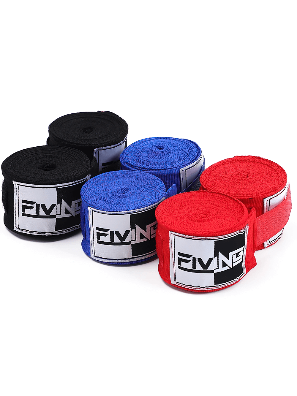 Set of colored boxing hand wraps, featuring black, blue, and red wraps with thumb loops for wrist support, perfect for training sessions.