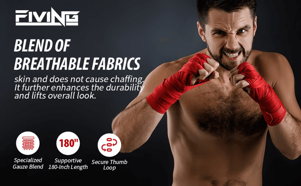 Man wearing red boxing hand wraps with thumb loop for wrist and knuckle support, highlighting breathable fabric and secure fit.