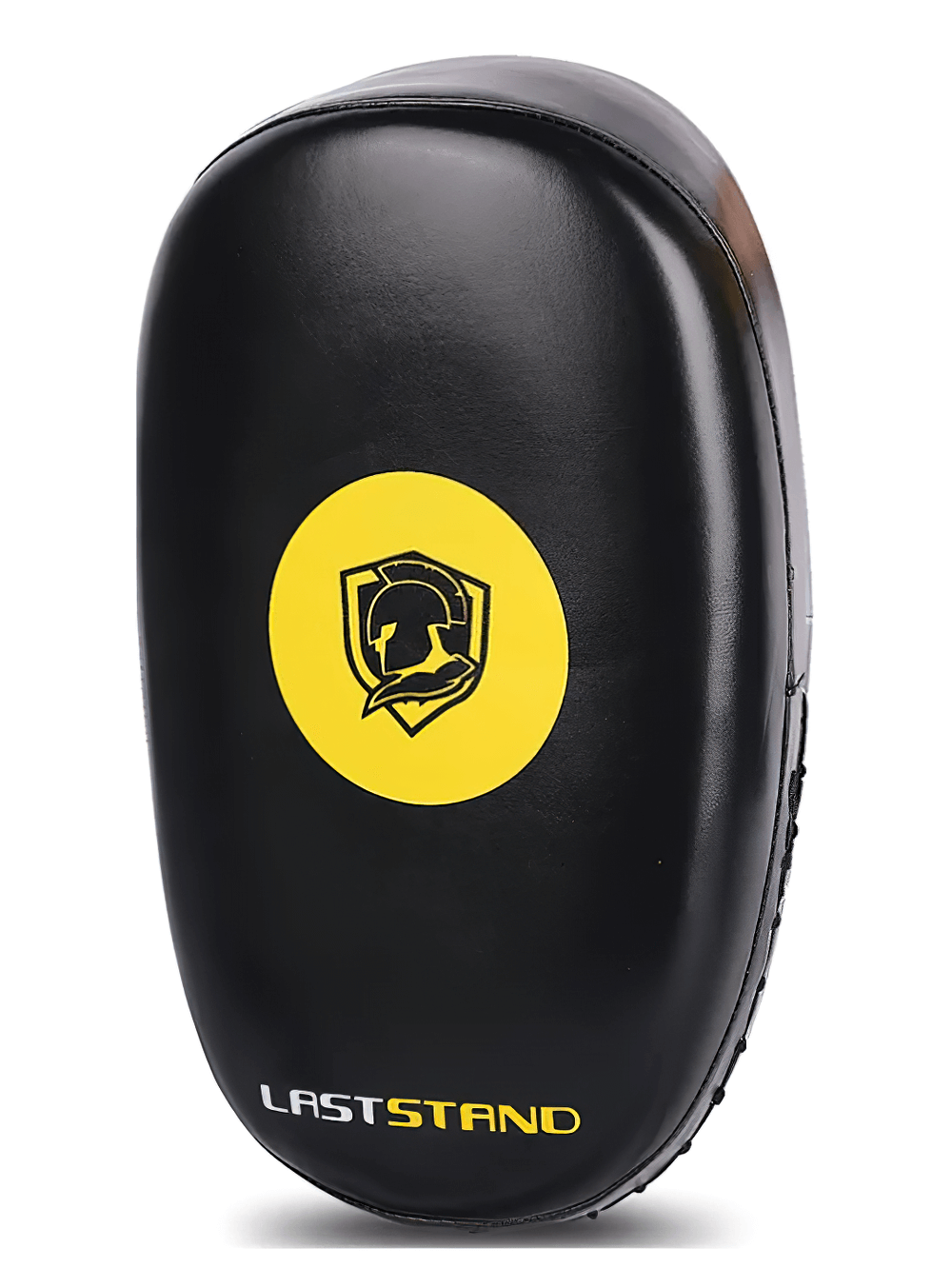 Black Muay Thai kick pad with yellow logo, designed for martial arts training with dual arm straps and dense padding.